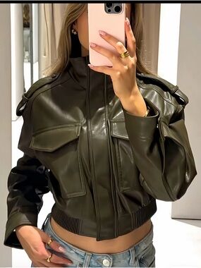 Womens Olive Green Faux Leather Military-Style Cropped Jacket